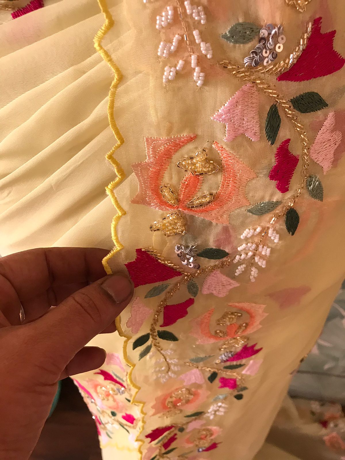 Premium Pure Organza Silk Saree with Resham Thread & Pearl Sequins Cut Daana Handwork