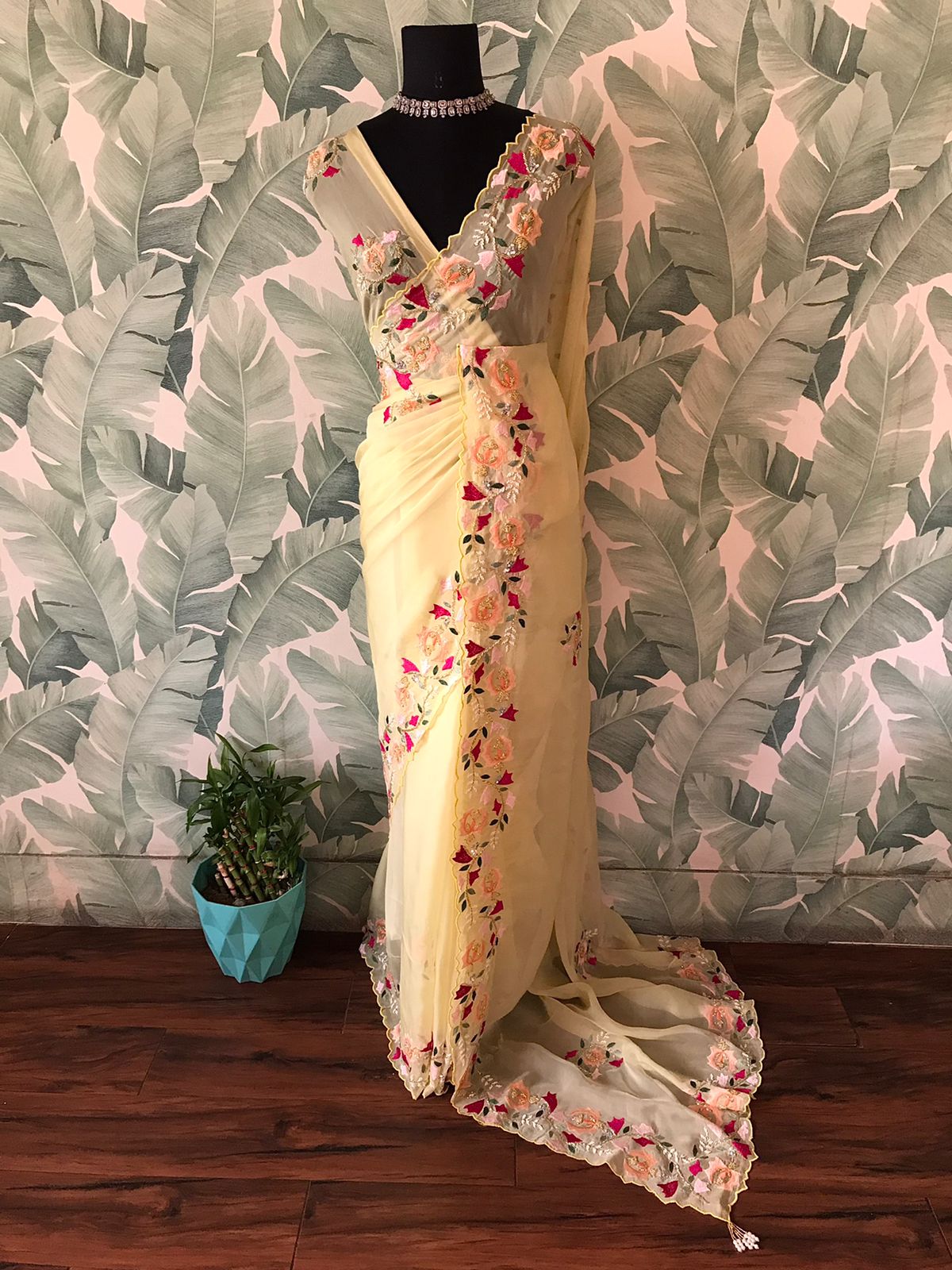Premium Pure Organza Silk Saree with Resham Thread & Pearl Sequins Cut Daana Handwork