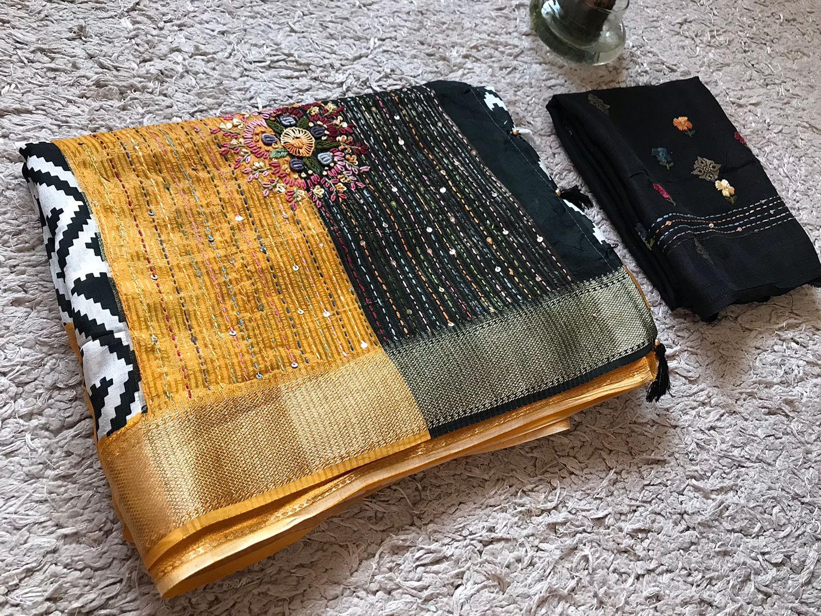 Premium Khaddi Muga Crepe Silk Saree in Black & White with Quirky Yellow Accents