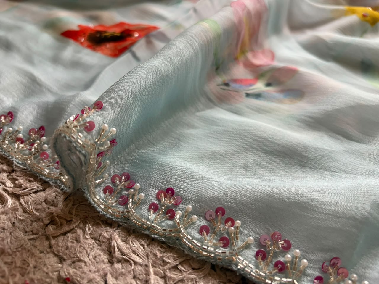 Exclusive Premium Pure Chinnon Silk Sky Blue Saree Embellished With Intricate Pearl Sequins Cut Daana Handwork