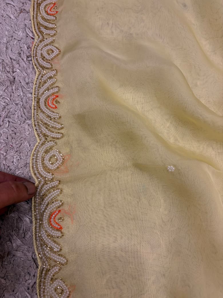 Premium Pure Yellow Organza Silk saree embellished with resham thread pearl cut daana handwork & pure Russian silk handwork