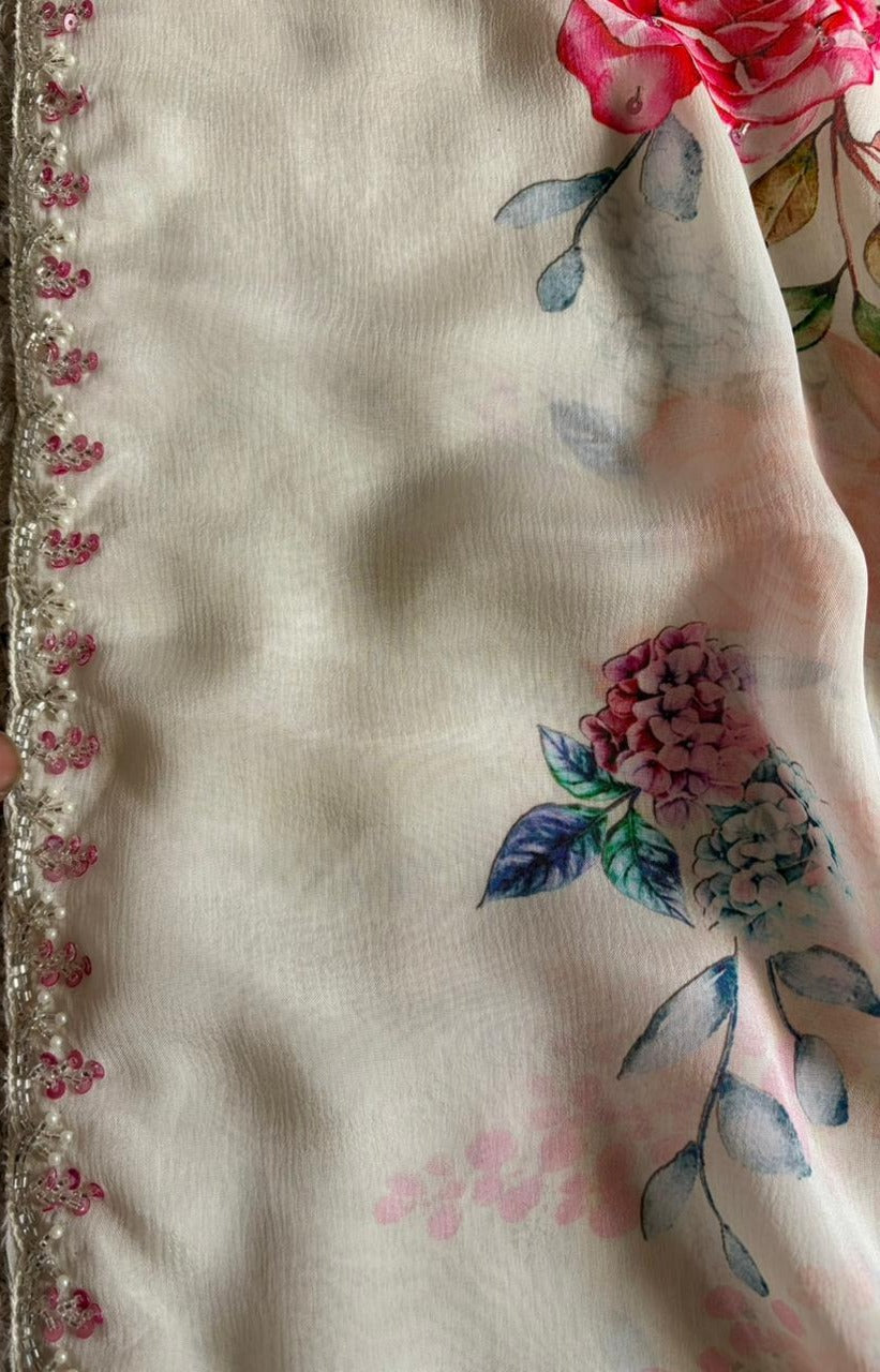 Exclusive premium pure chinnon silk saree embellished with intricate pearl sequins cut daana handwork
