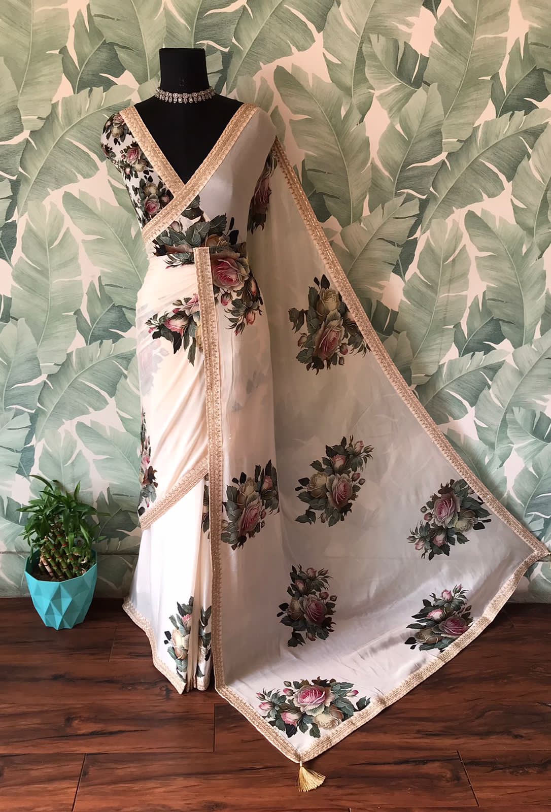 Sabyasachi Inspired Off White Pure Chinnon Silk Saree