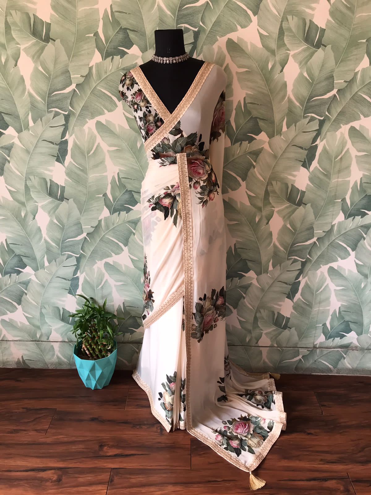 Sabyasachi Inspired Off White Pure Chinnon Silk Saree