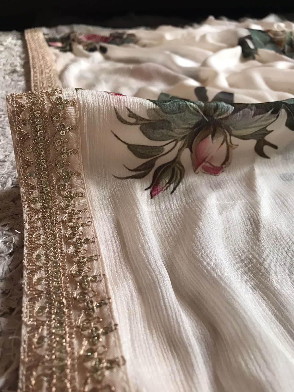 Sabyasachi Inspired Off White Pure Chinnon Silk Saree
