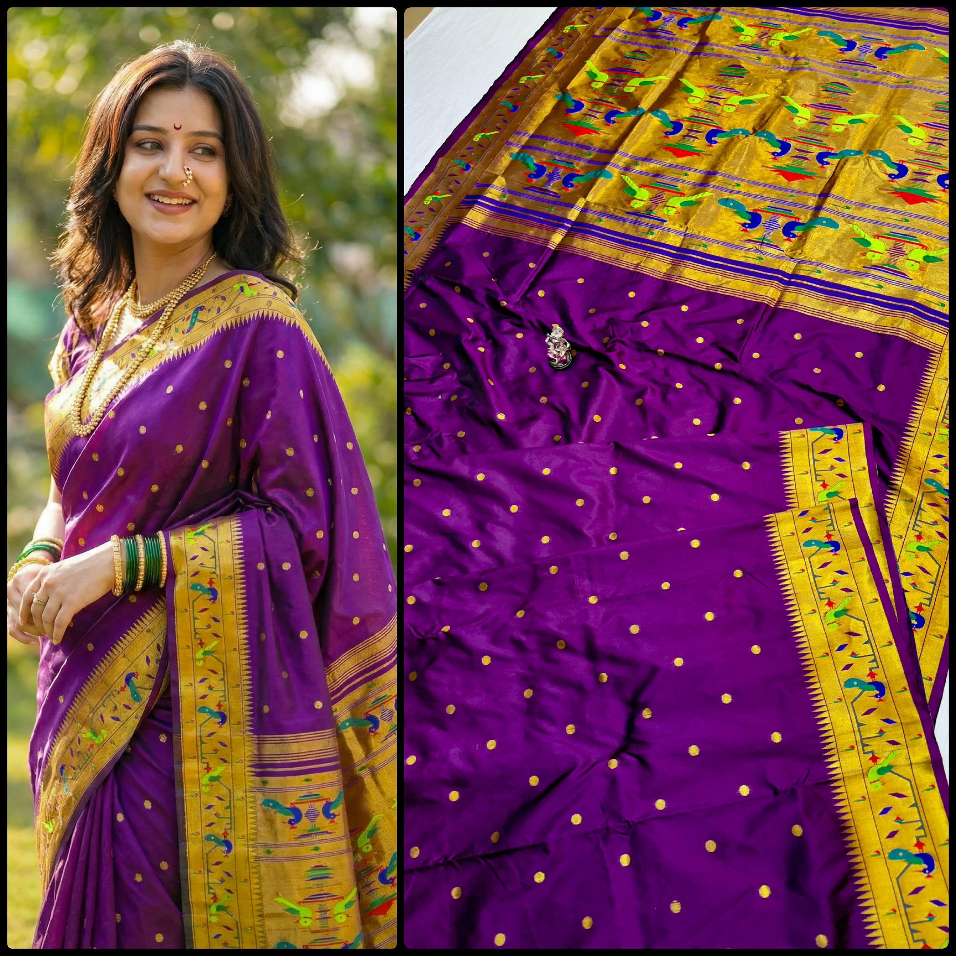 Semi Mor Popat Brocade Paithani Premium Katan Silk Saree With Running Blouse