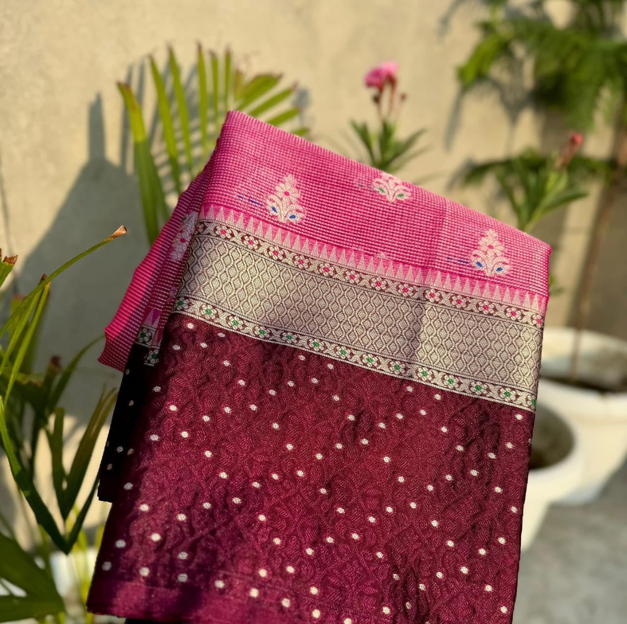 Beautiful Soft Semi Georgette Silk Woven Premium Quality Dyeable Pink Saree featuring delicate woven zari motifs, an elegant contrast woven border, soft lightweight fabric, and a matching blouse piece, perfect for weddings, festive occasions, and custom dyeing.
