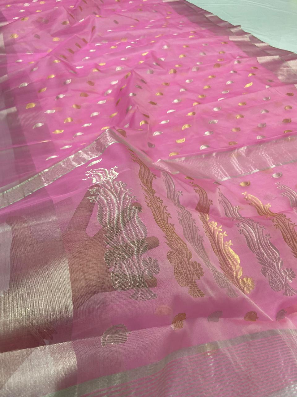 Premium Katan Silk Saree with All Over Silver & Gold Zari Ghani Butte, Patella Border & Jhad Palla