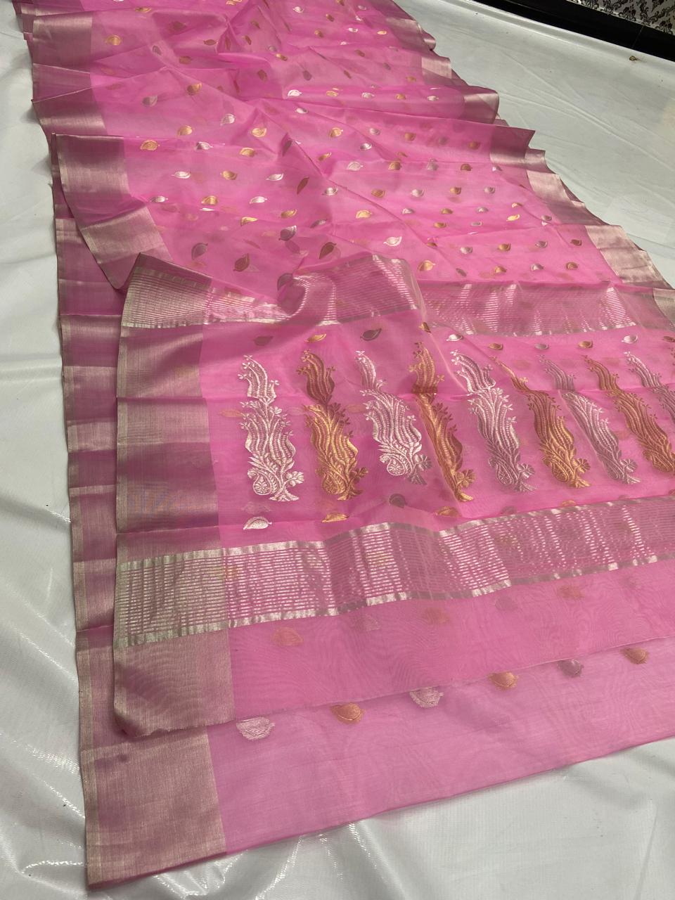 Premium Katan Silk Saree with All Over Silver & Gold Zari Ghani Butte, Patella Border & Jhad Palla