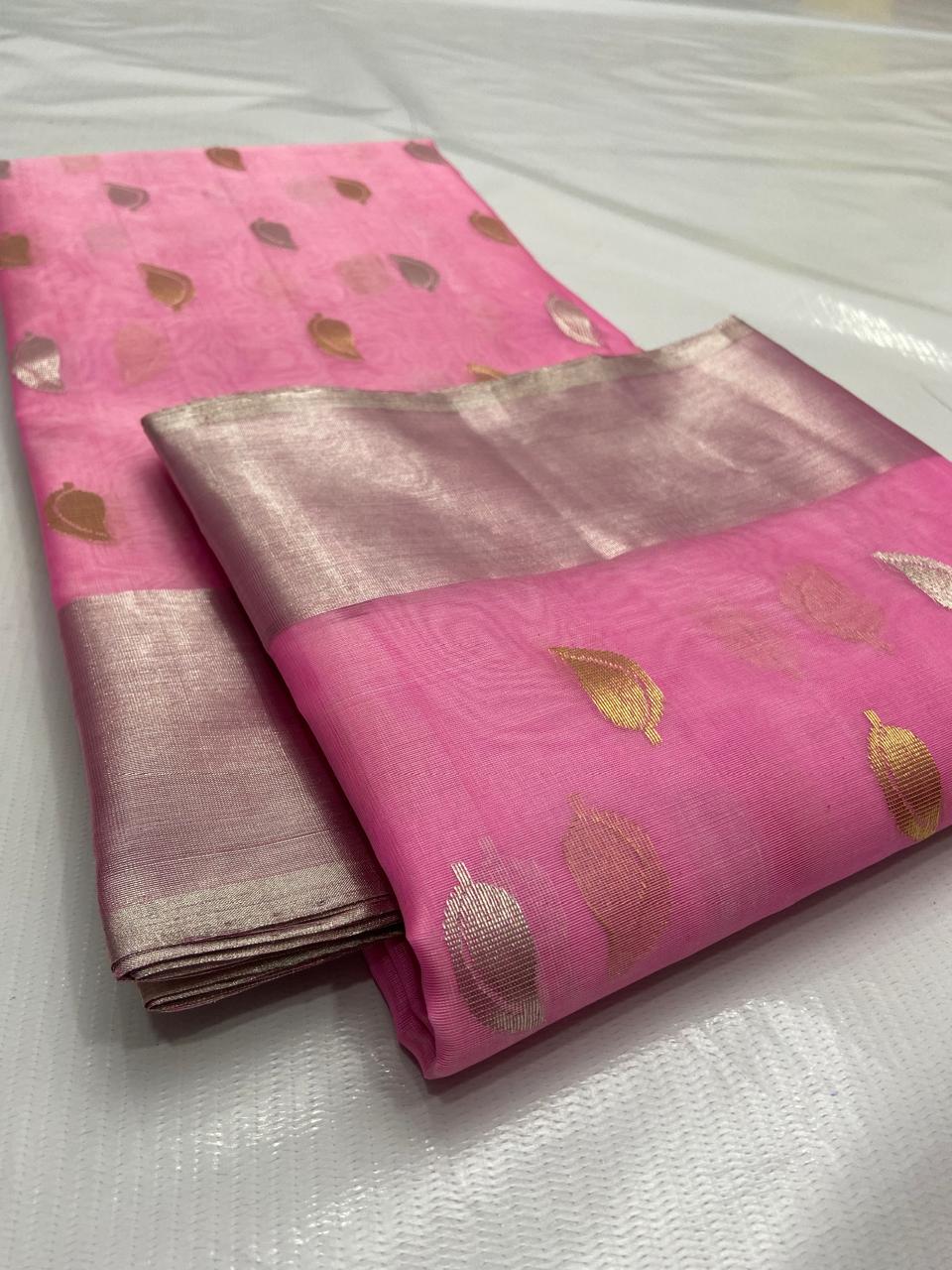 Premium Katan Silk Saree with All Over Silver & Gold Zari Ghani Butte, Patella Border & Jhad Palla