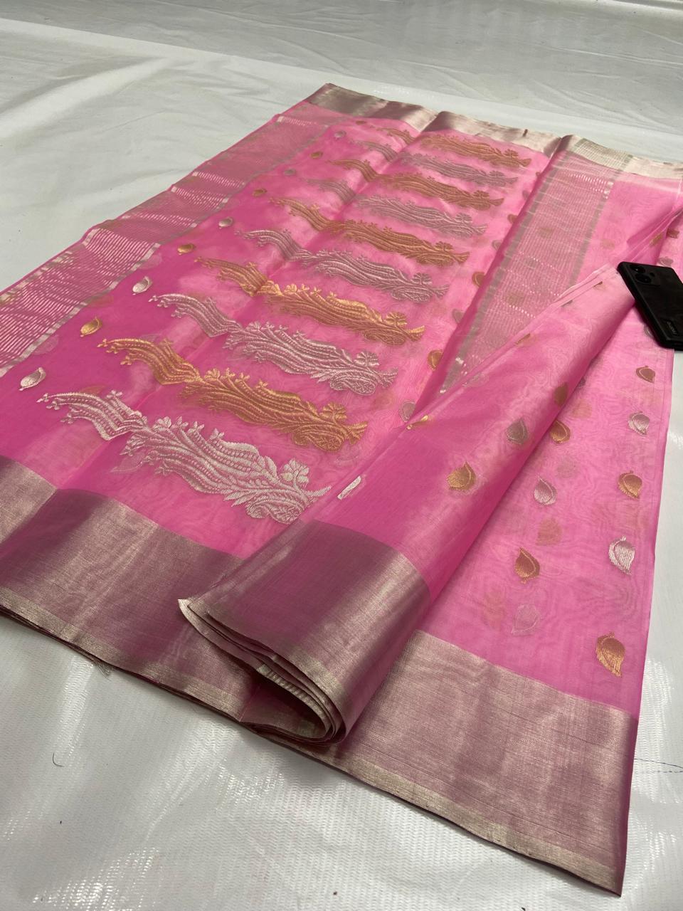 Premium Katan Silk Saree with All Over Silver & Gold Zari Ghani Butte, Patella Border & Jhad Palla