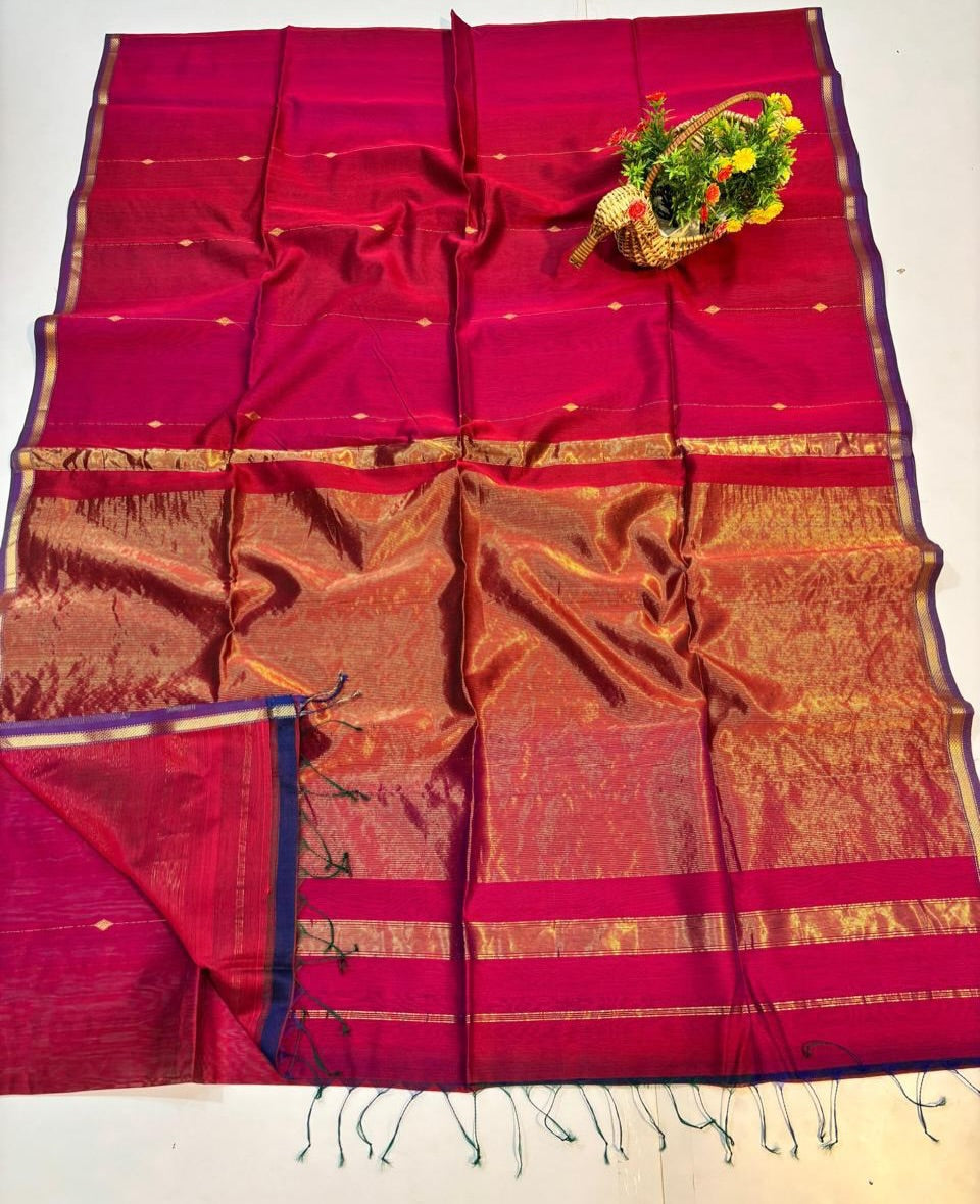 Maheshwari Handloom Silk By Cotton Green Saree With Golden Zari Border & Butti