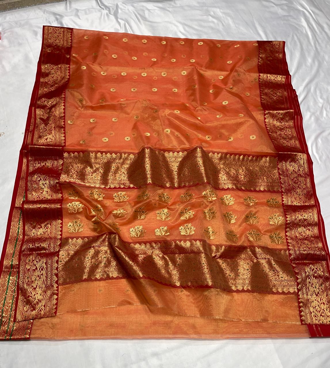 Premium Katan Tissue Silk Chanderi Saree with Zari Buti & Rich Contrast Woven Border