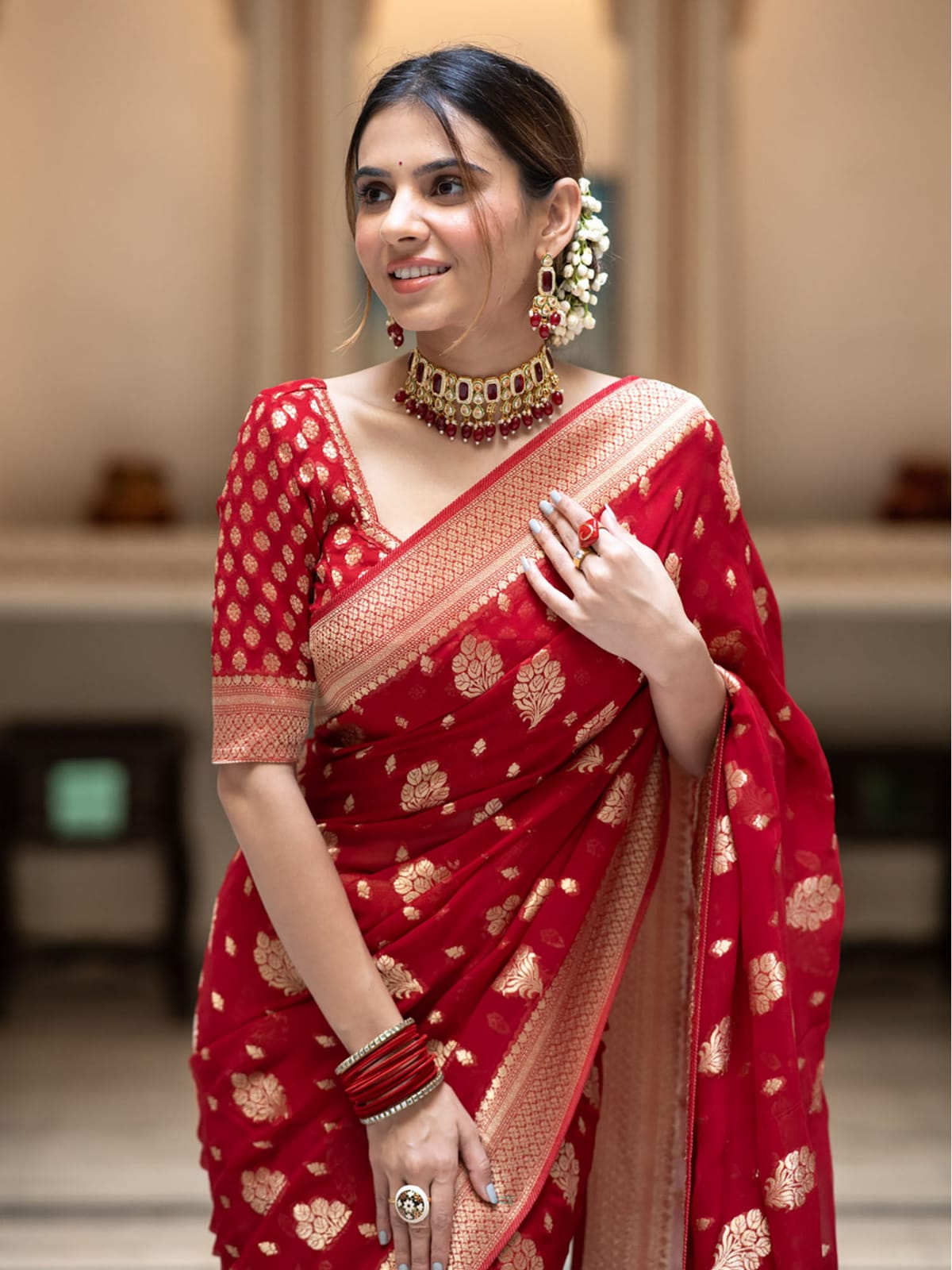 Red Beautiful Soft Semi Georgette Silk Woven Premium Quality Saree