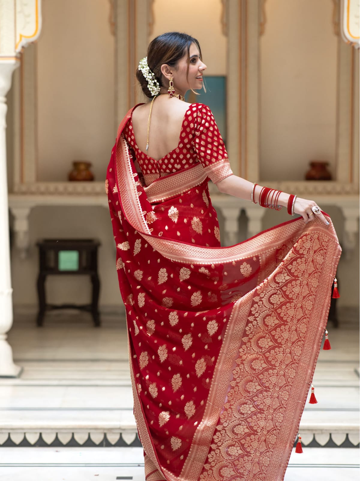 Red Beautiful Soft Semi Georgette Silk Woven Premium Quality Saree
