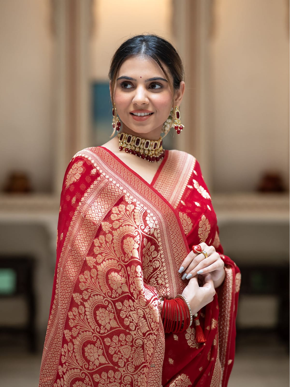 Red Beautiful Soft Semi Georgette Silk Woven Premium Quality Saree