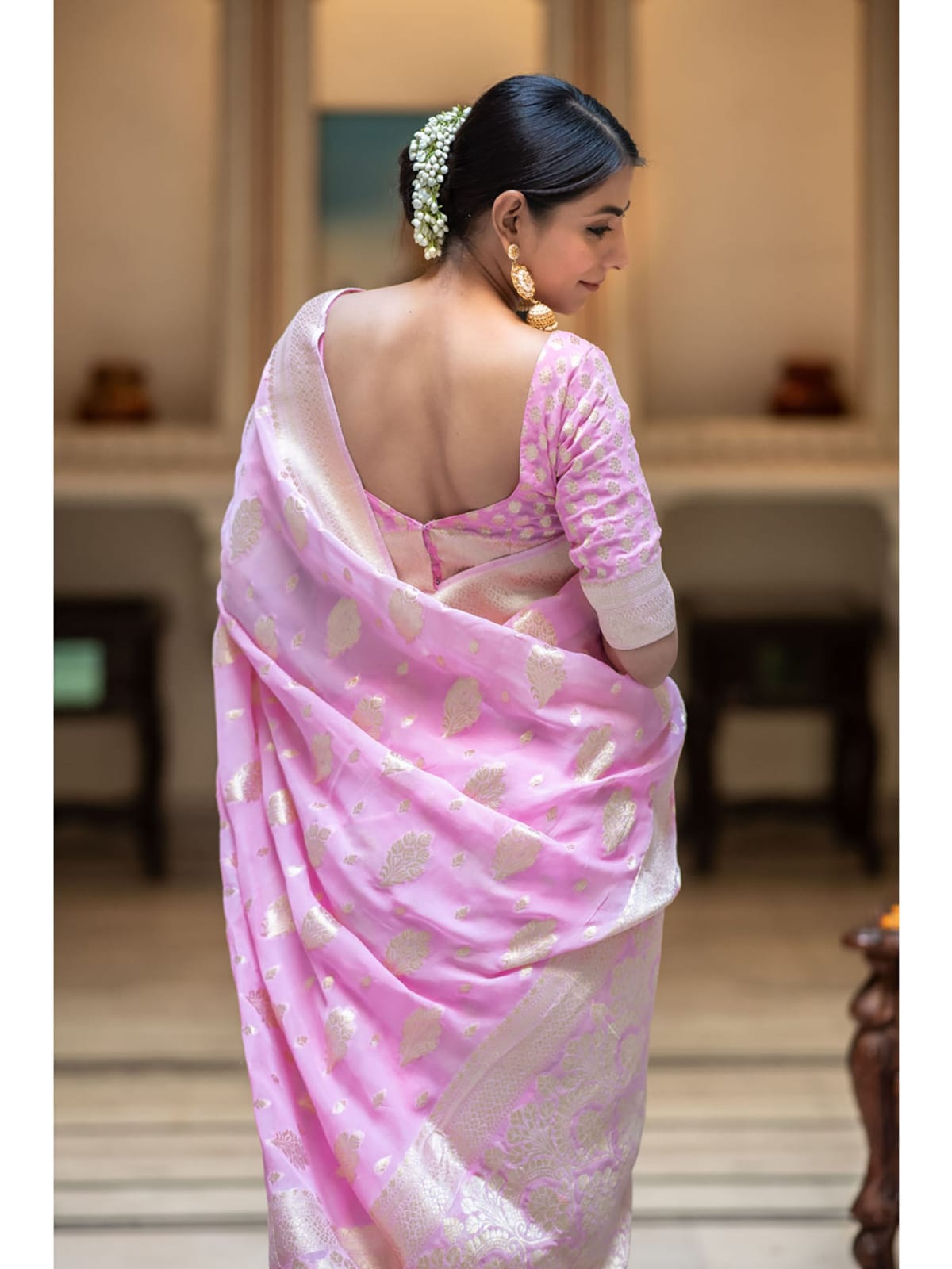 Pink Beautiful Soft Semi Georgette Silk Woven Premium Quality Saree