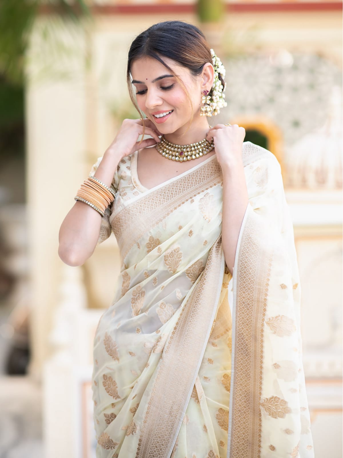 White Beautiful Soft Semi Georgette Silk Woven Premium Quality Saree