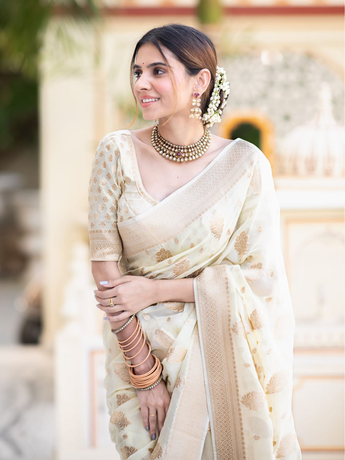 White Beautiful Soft Semi Georgette Silk Woven Premium Quality Saree