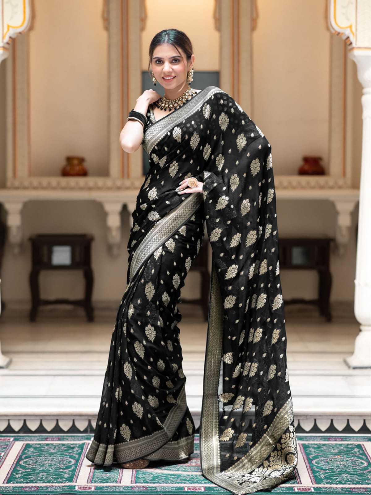 Black Beautiful Soft Semi Georgette Silk Woven Premium Quality Saree