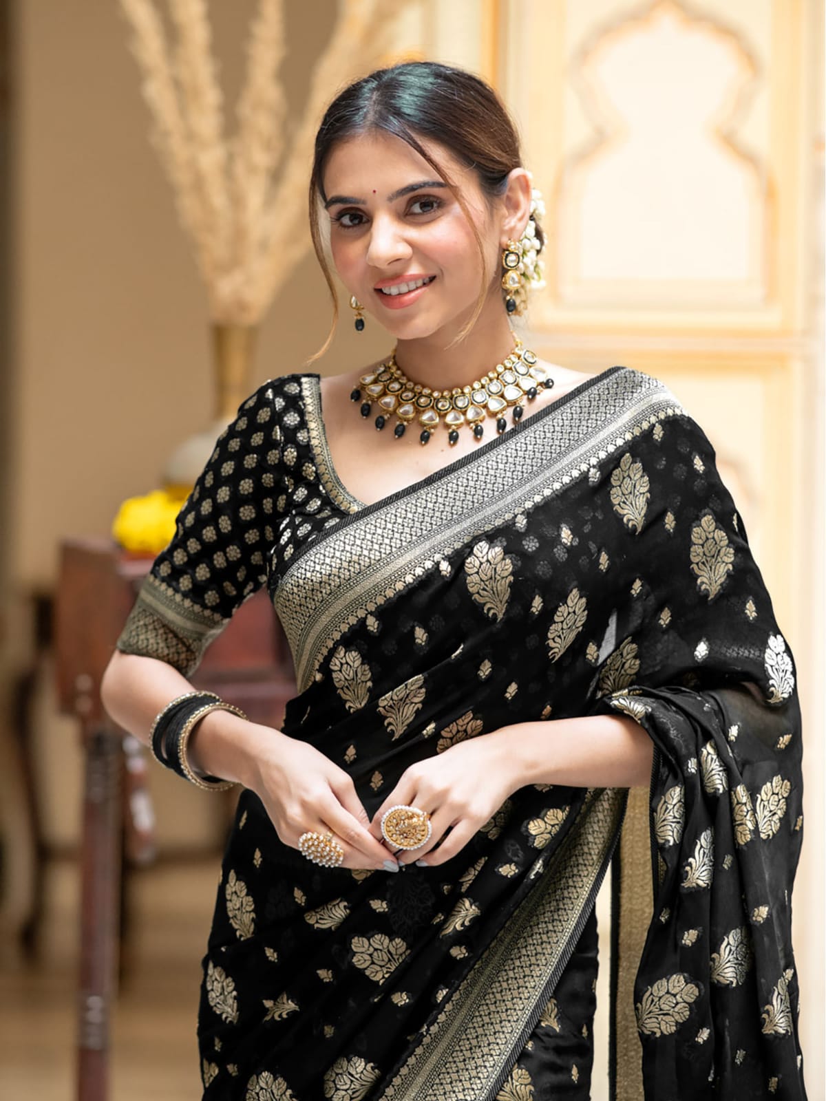 Black Beautiful Soft Semi Georgette Silk Woven Premium Quality Saree