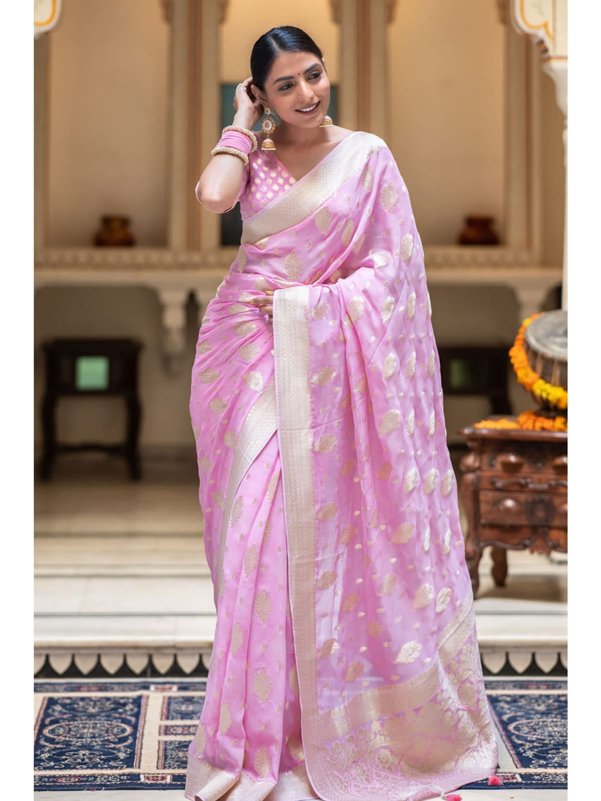 Pink Beautiful Soft Semi Georgette Silk Woven Premium Quality Saree