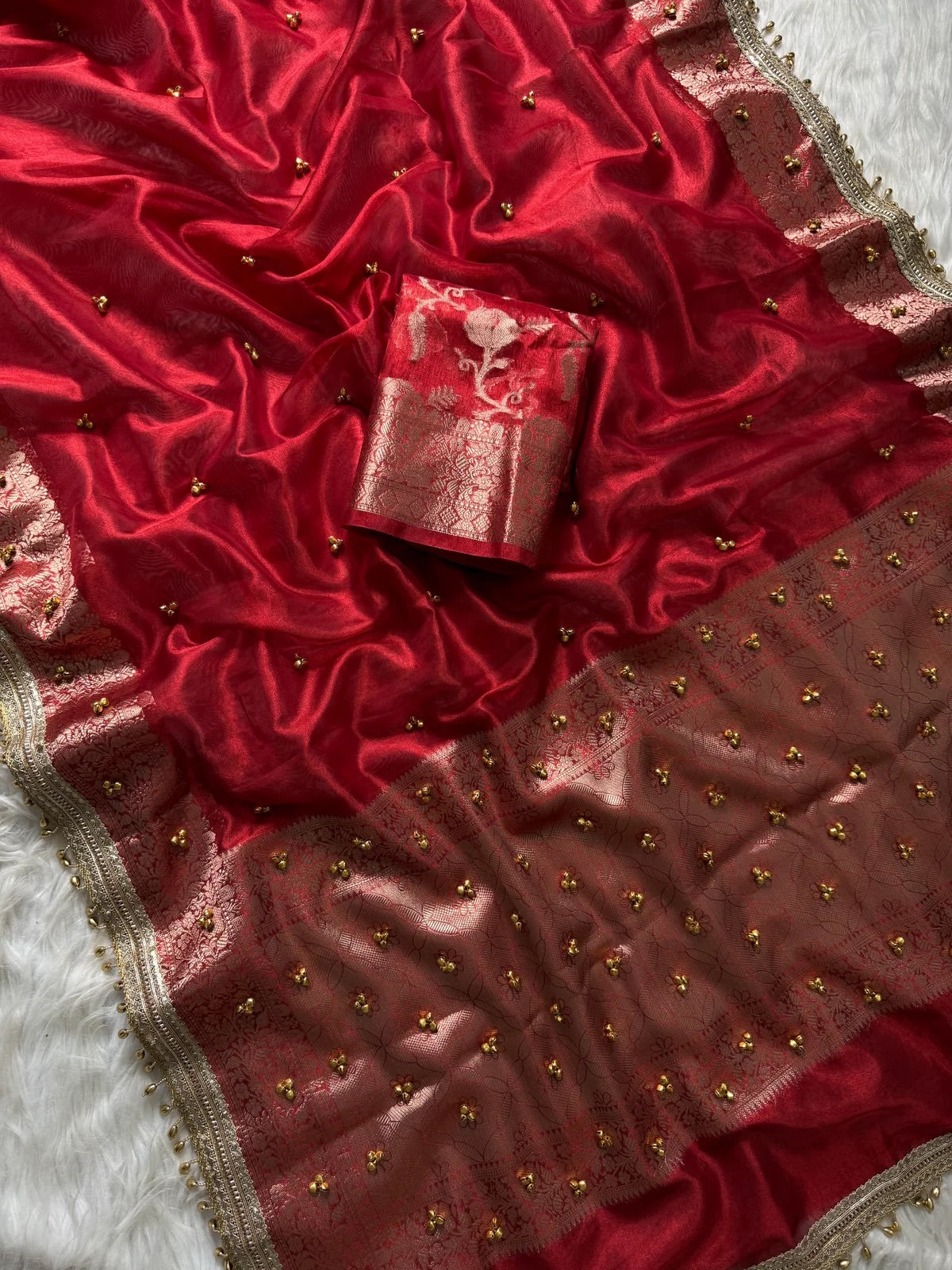 Red Beautiful Soft Tissue Silk Ghughru Work Party Wear Saree
