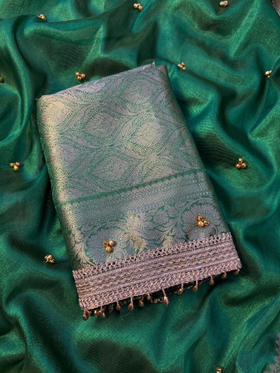 Green Beautiful Soft Tissue Silk Ghughru Work Party Wear Saree