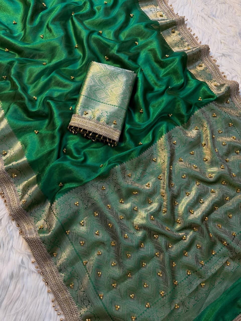 Green Beautiful Soft Tissue Silk Ghughru Work Party Wear Saree