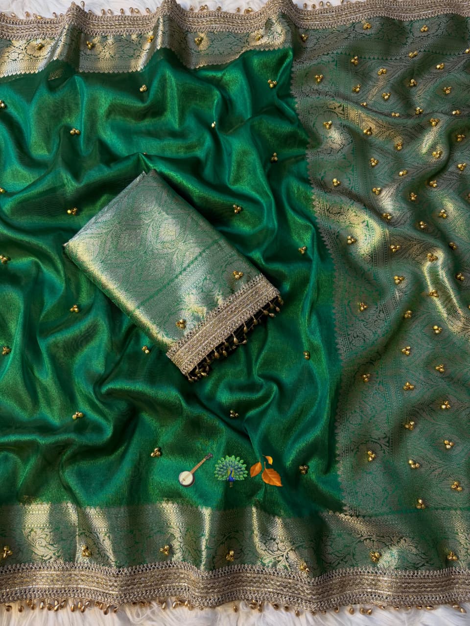 Green Beautiful Soft Tissue Silk Ghughru Work Party Wear Saree