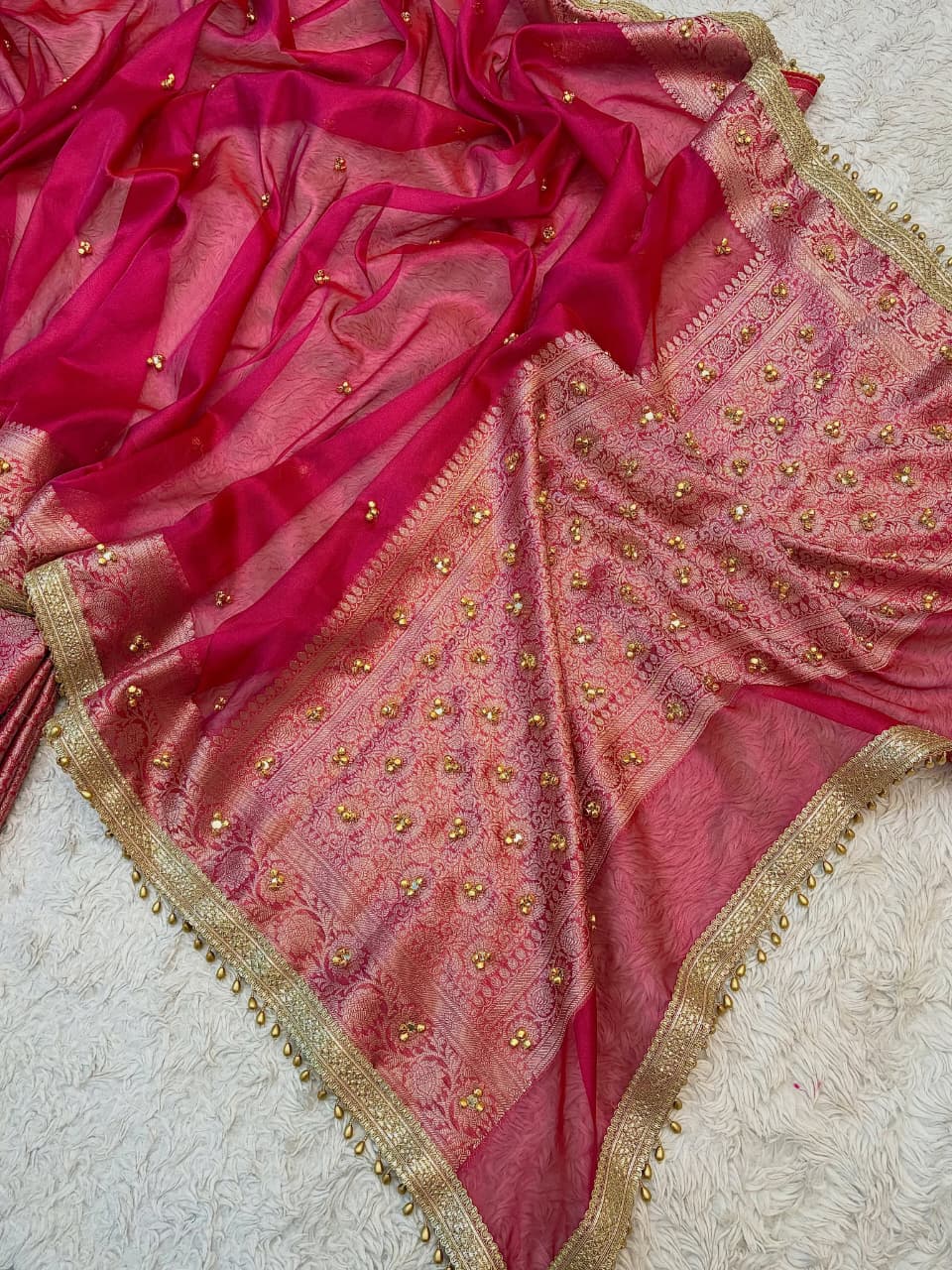 Pink Beautiful Soft Tissue Silk Ghughru Work Party Wear Saree