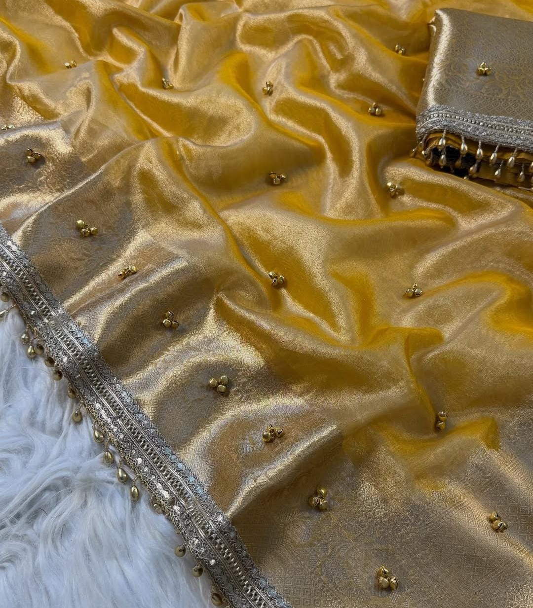 Golden Beautiful Soft Tissue Silk Ghughru Work Party Wear Saree