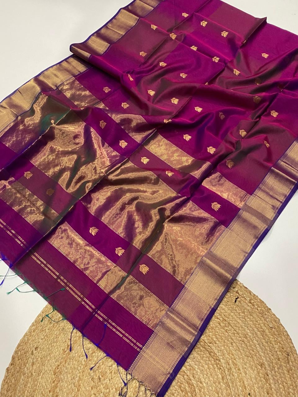 Maheshwari Handloom Silk By Cotton Golden Jari Border Lotus Buta Saree