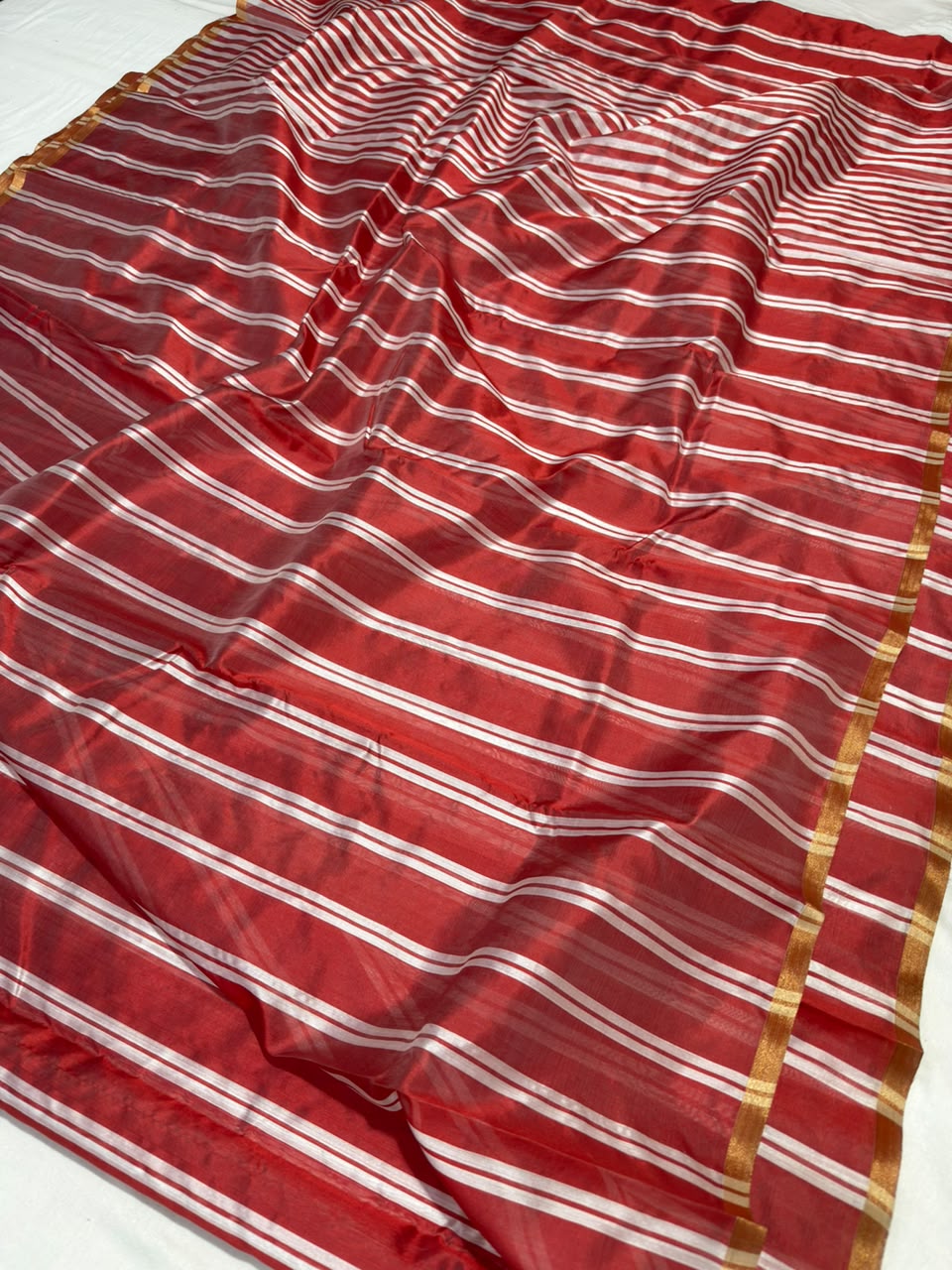 Chanderi Handloom Pattu Silk Saree With All-Over Stripes, Small Border & Striped Palla