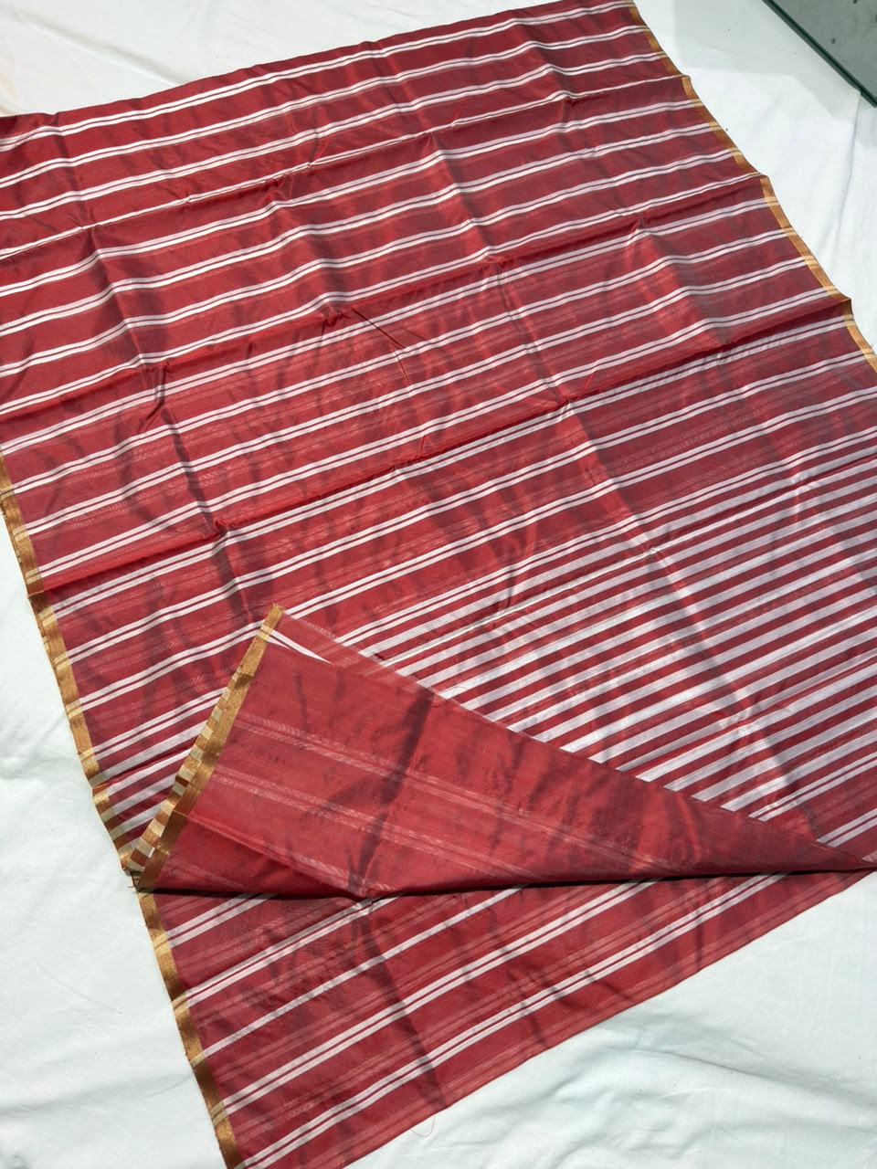 Chanderi Handloom Pattu Silk Saree With All-Over Stripes, Small Border & Striped Palla