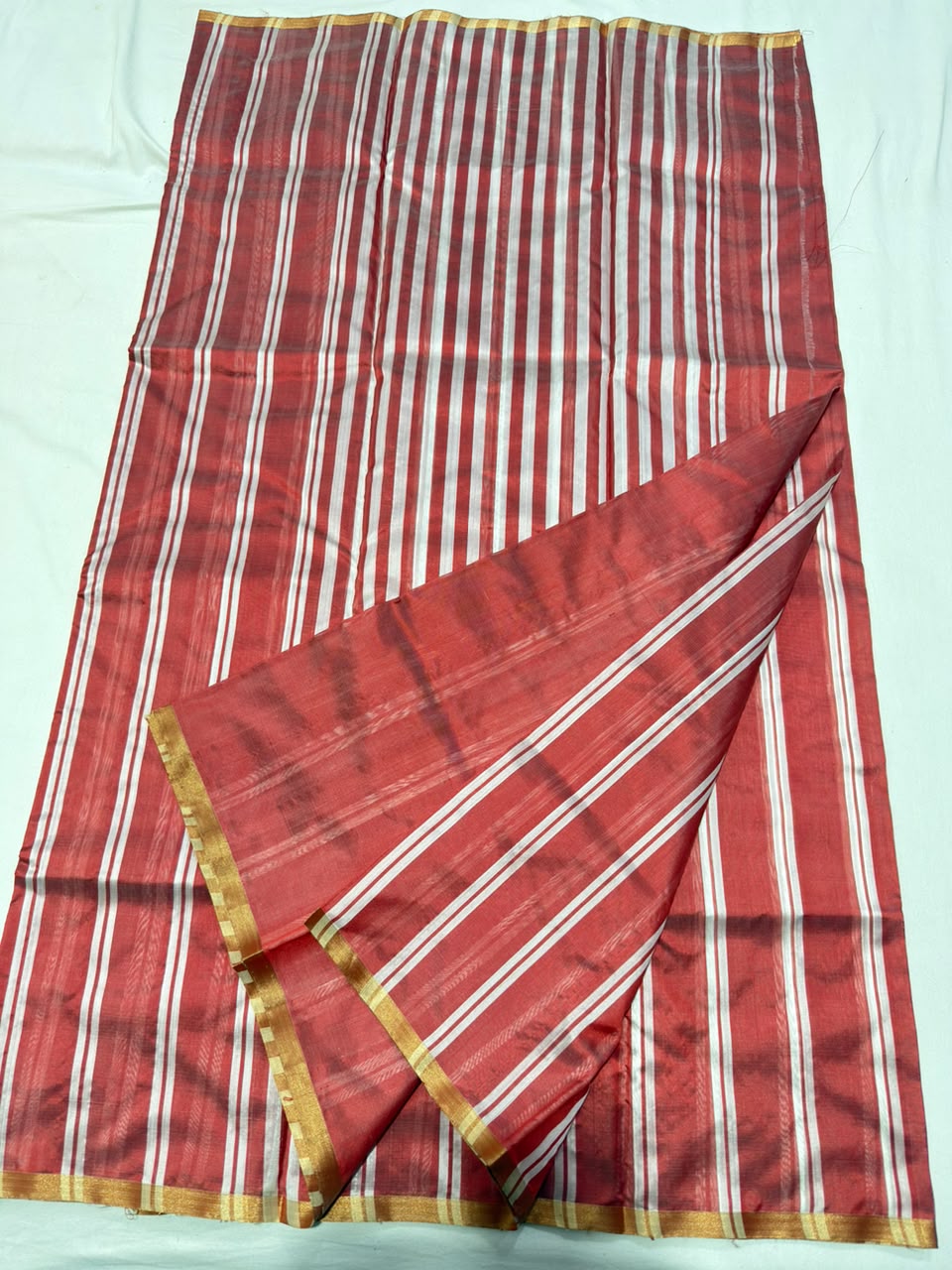 Chanderi Handloom Pattu Silk Saree With All-Over Stripes, Small Border & Striped Palla