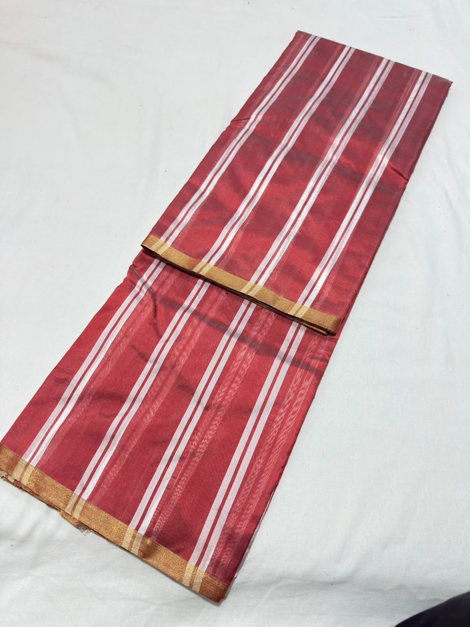Chanderi Handloom Pattu Silk Saree With All-Over Stripes, Small Border & Striped Palla