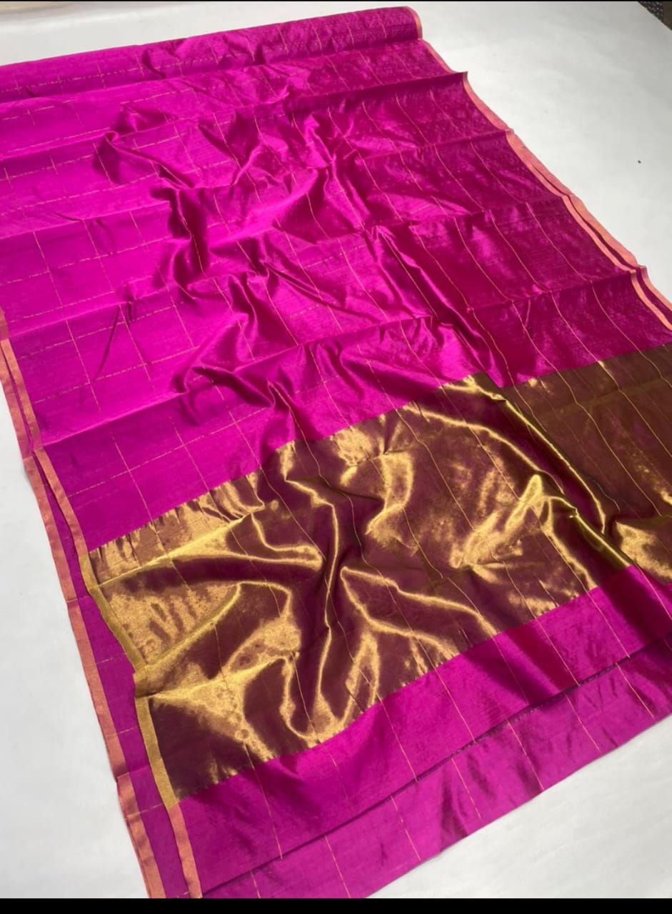 Rani Pink Pattu Silk Chanderi Handloom Saree With All-Over Checks, Small Border & Rich Zari Pallu
