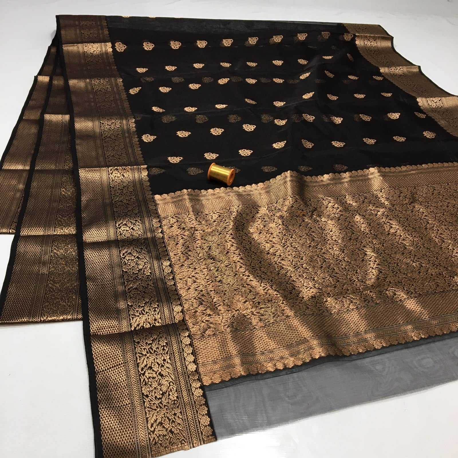 Chanderi Handloom Katan Silk Saree With All-Over Meenakari Butta, Traditional Nakshi Border & Taraz Pallu