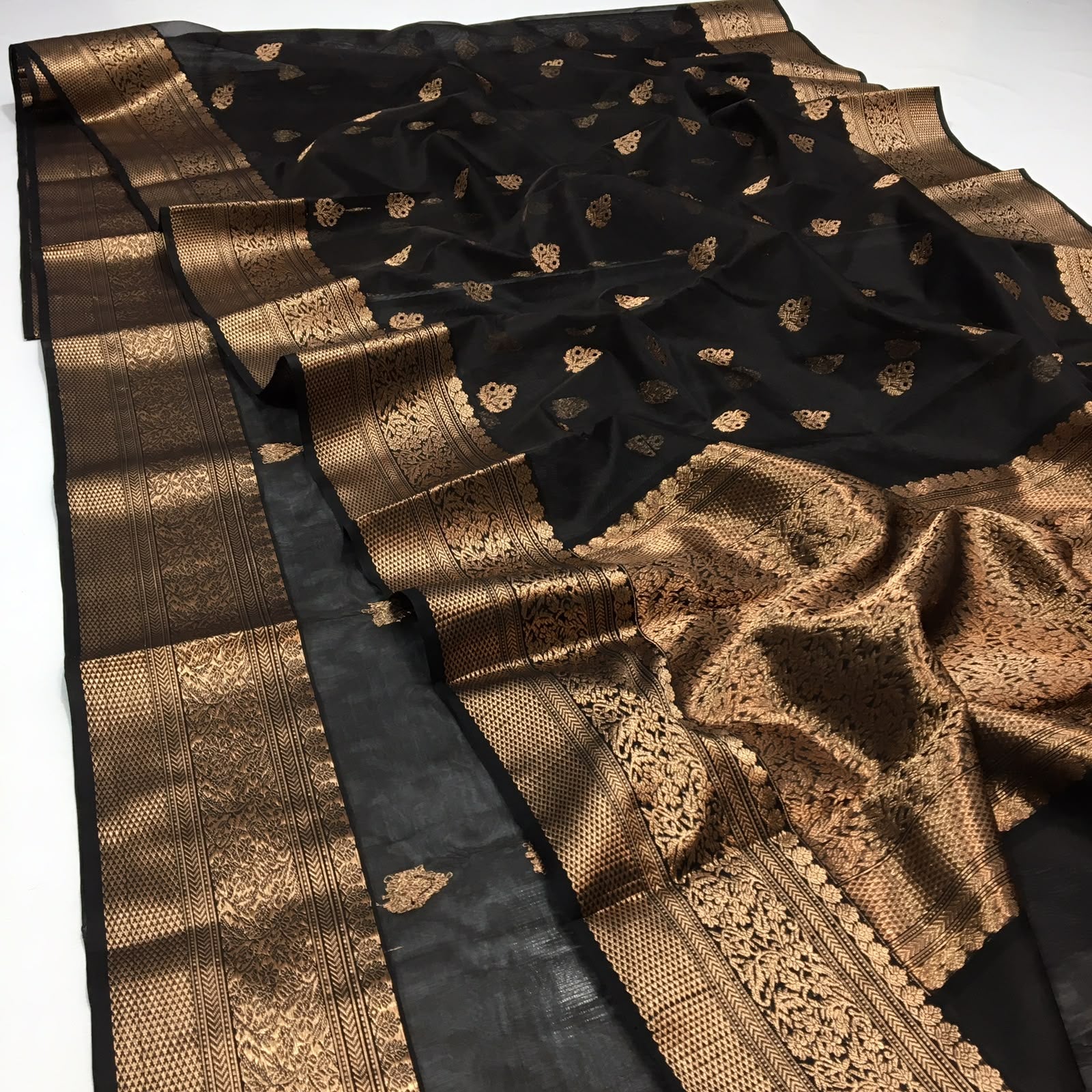 Chanderi Handloom Katan Silk Saree With All-Over Meenakari Butta, Traditional Nakshi Border & Taraz Pallu
