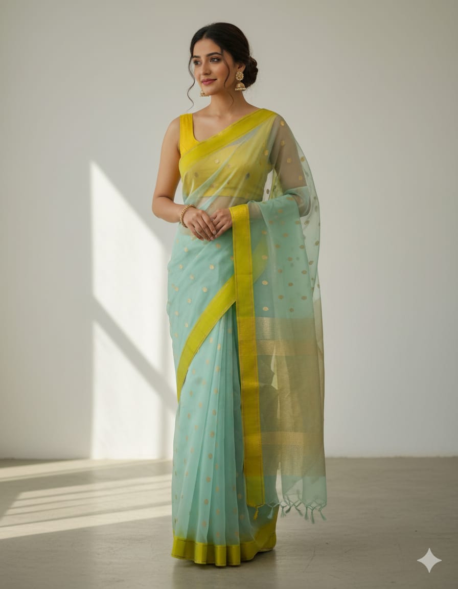 Chanderi Handloom Katan Silk Saree With All-Over Butta, Resham Border & Zari Strip Pallu