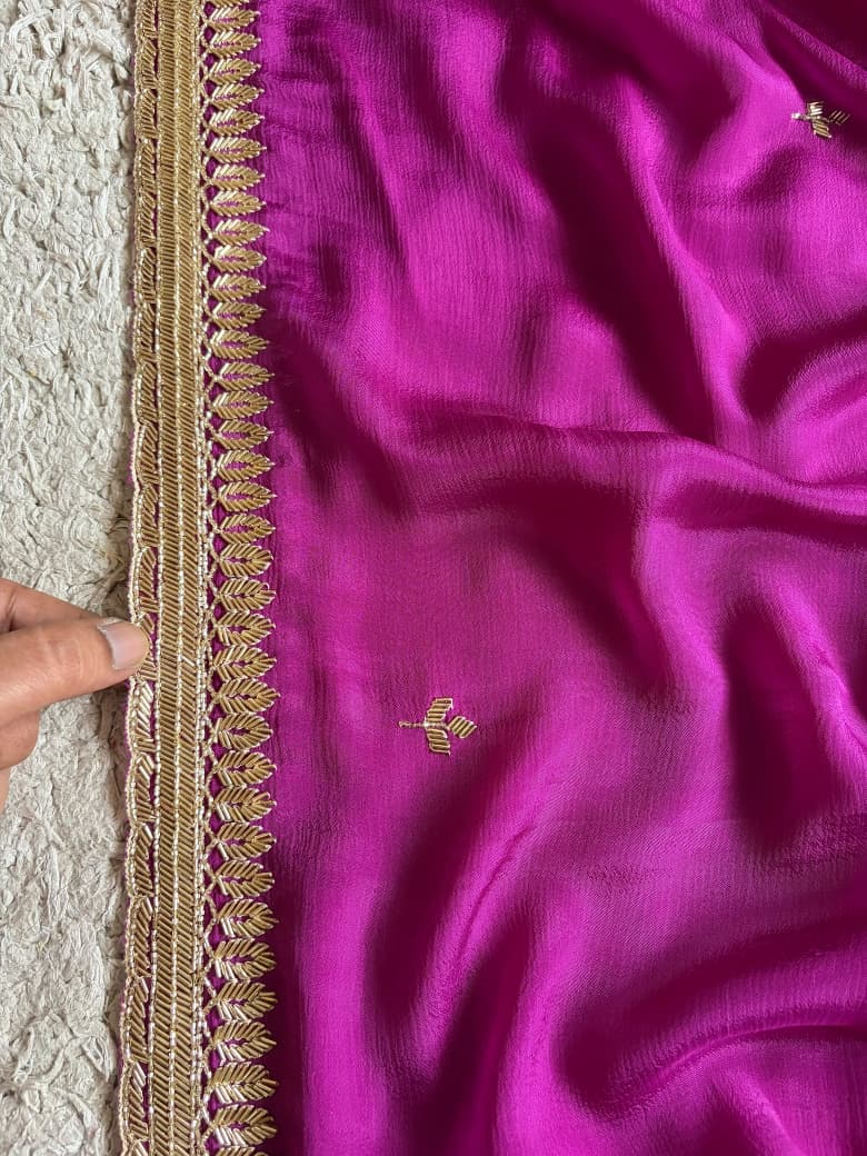 Premium Pure Chinnon Silk Saree With Intricate Cut Daana Handwork
