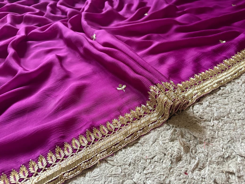 Premium Pure Chinnon Silk Saree With Intricate Cut Daana Handwork