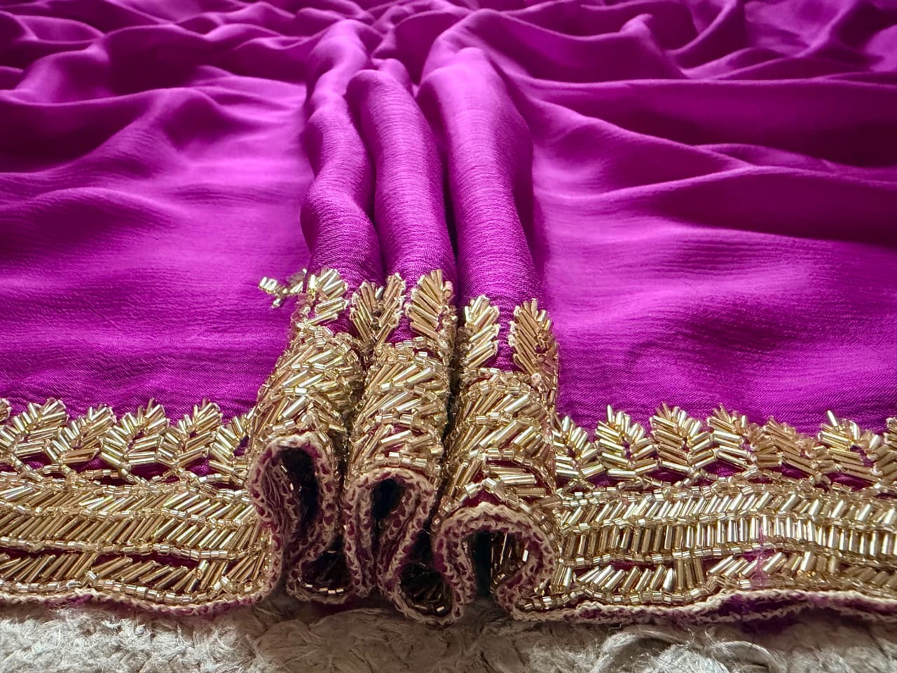 Premium Pure Chinnon Silk Saree With Intricate Cut Daana Handwork
