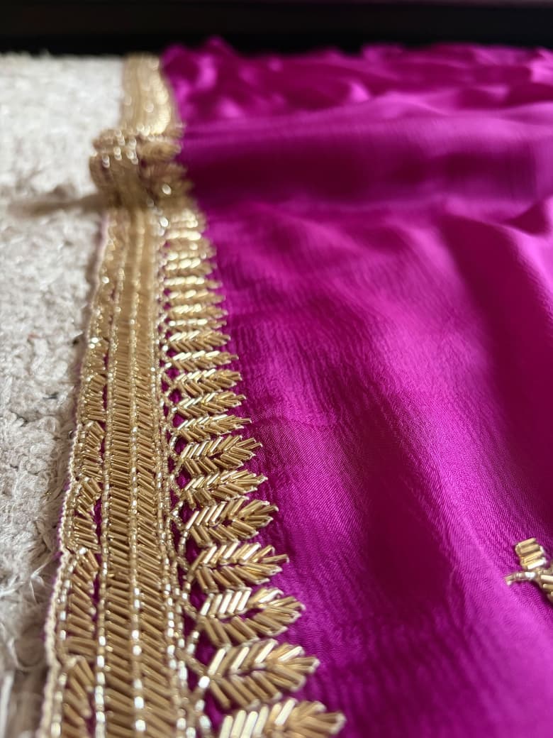 Premium Pure Chinnon Silk Saree With Intricate Cut Daana Handwork