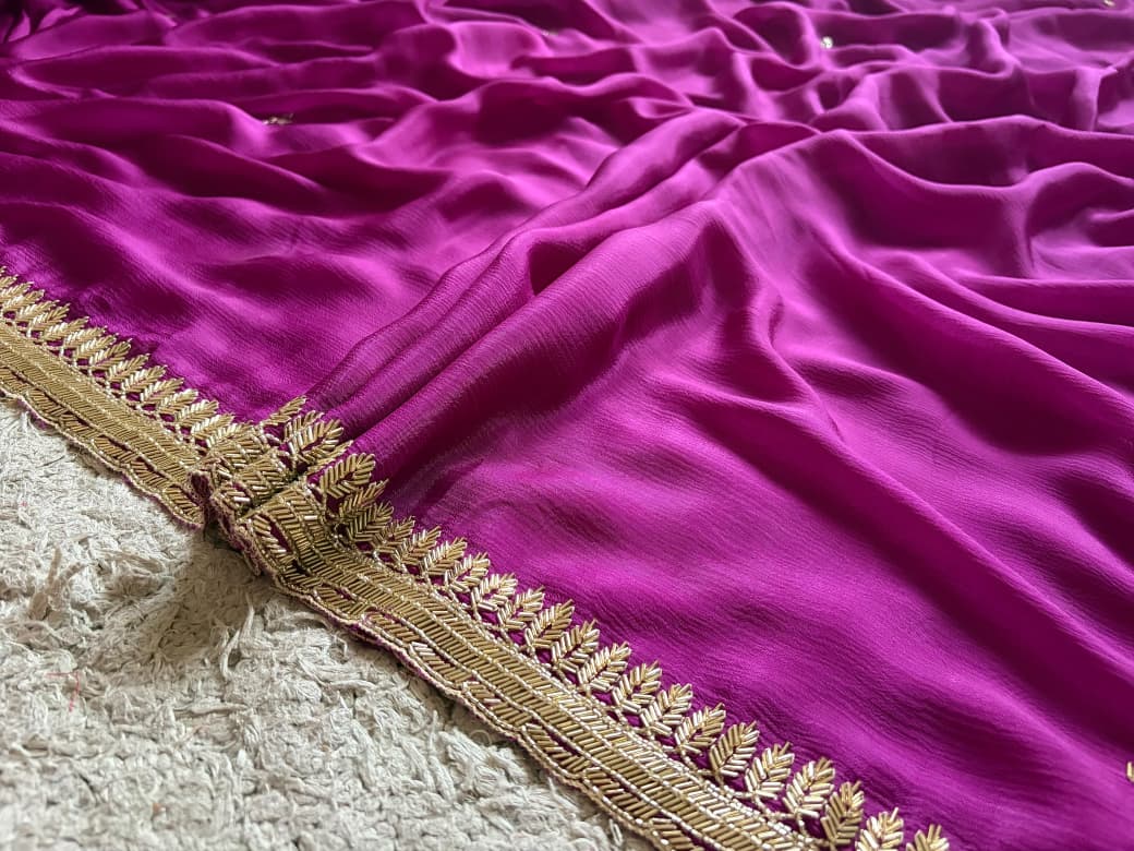 Premium Pure Chinnon Silk Saree With Intricate Cut Daana Handwork