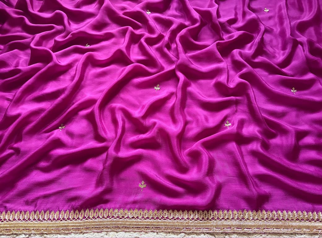 Premium Pure Chinnon Silk Saree With Intricate Cut Daana Handwork