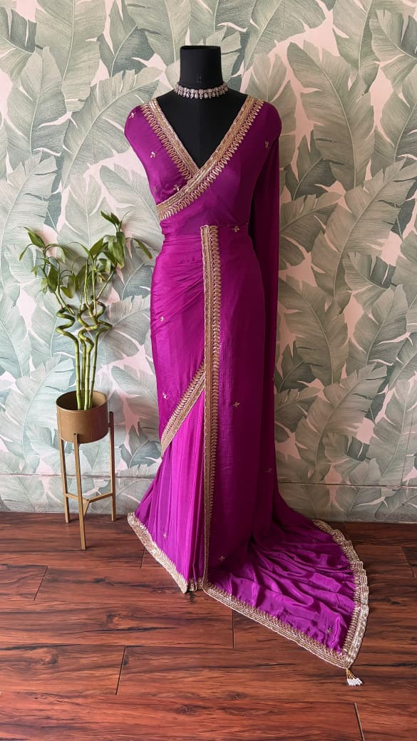 Premium Pure Chinnon Silk Saree With Intricate Cut Daana Handwork