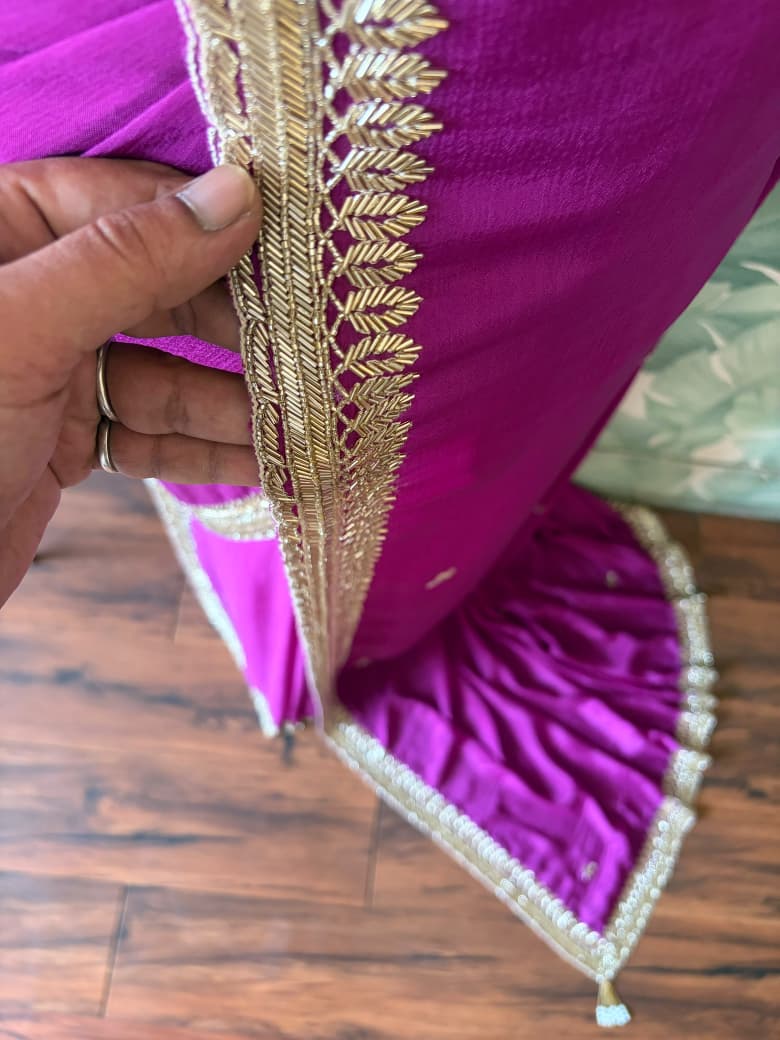 Premium Pure Chinnon Silk Saree With Intricate Cut Daana Handwork