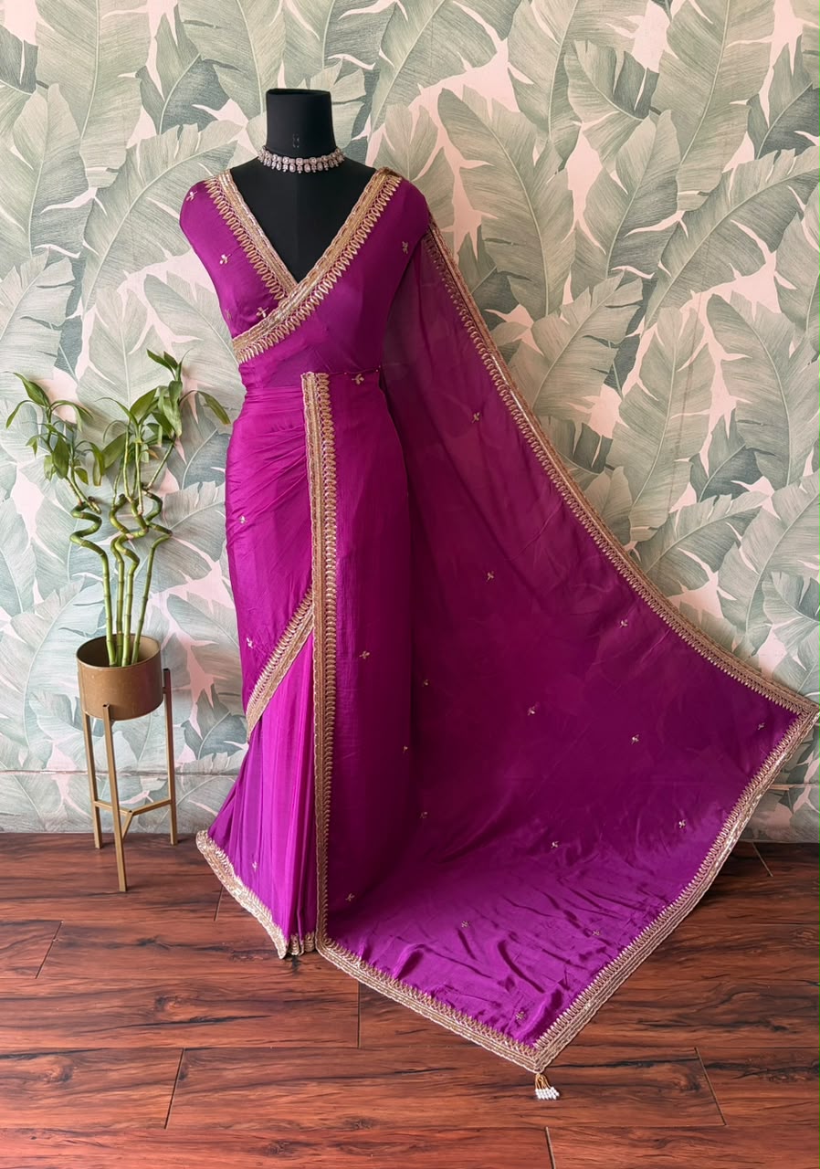 Premium Pure Chinnon Silk Saree With Intricate Cut Daana Handwork